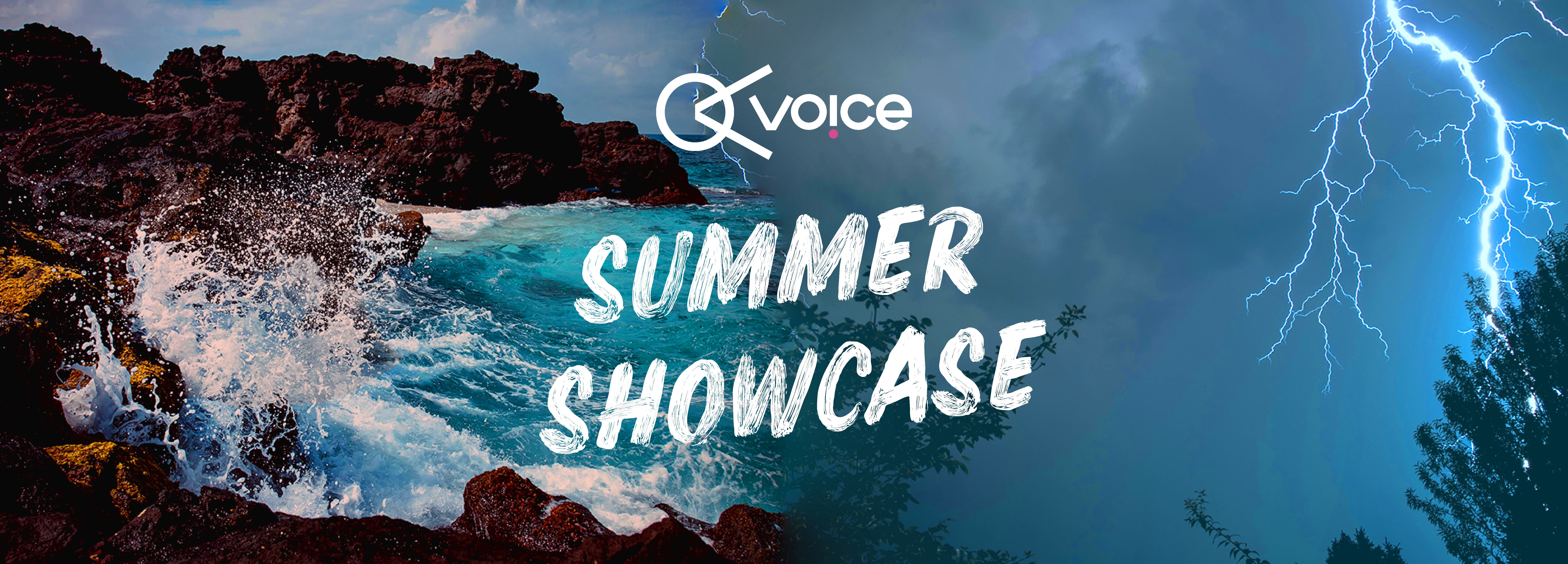 Voice summer showcase banner, showing crashing waves and lightning storm